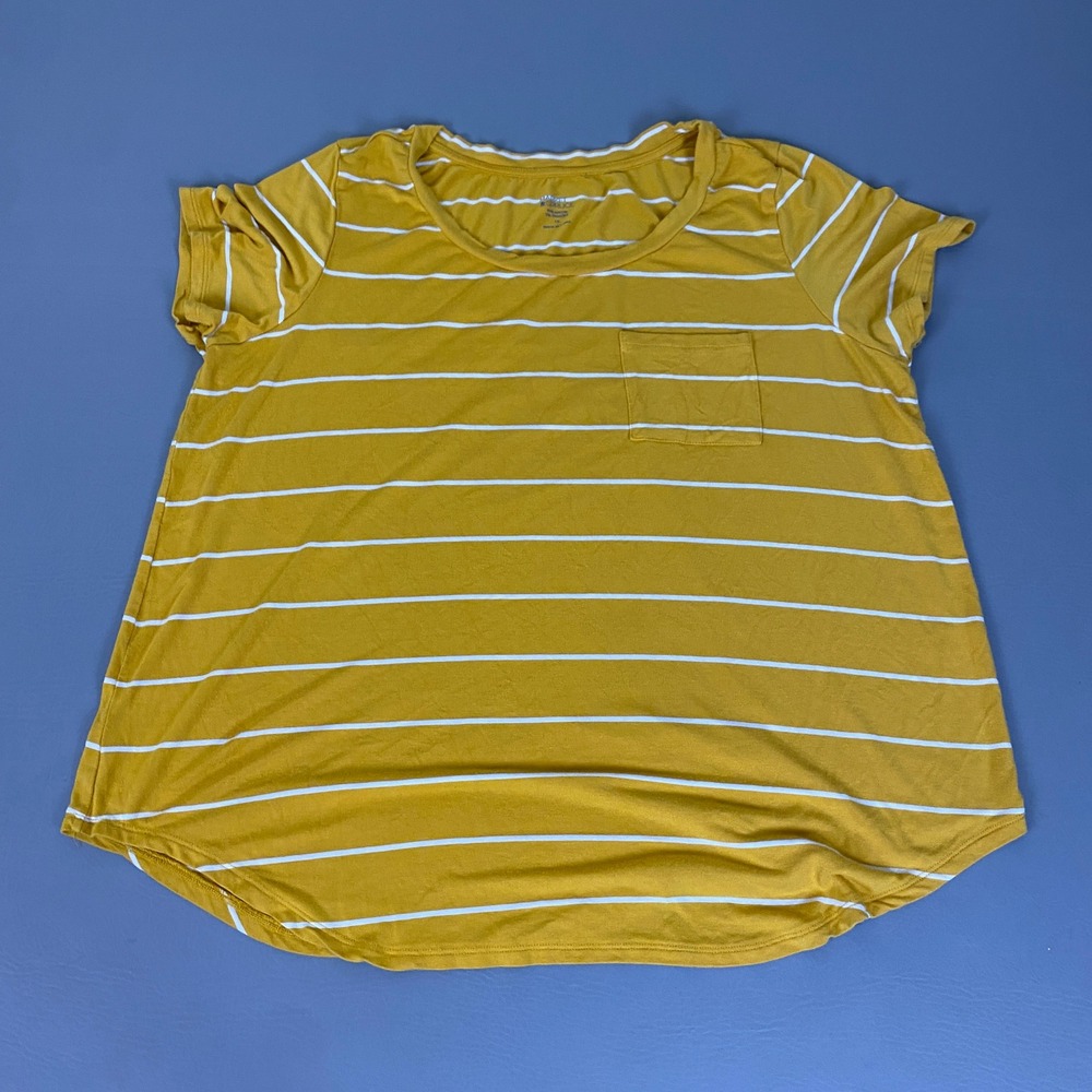Market & Spruce T-Shirt Women Size 1X Mustard Yellow Striped Short Sleeve Pocket